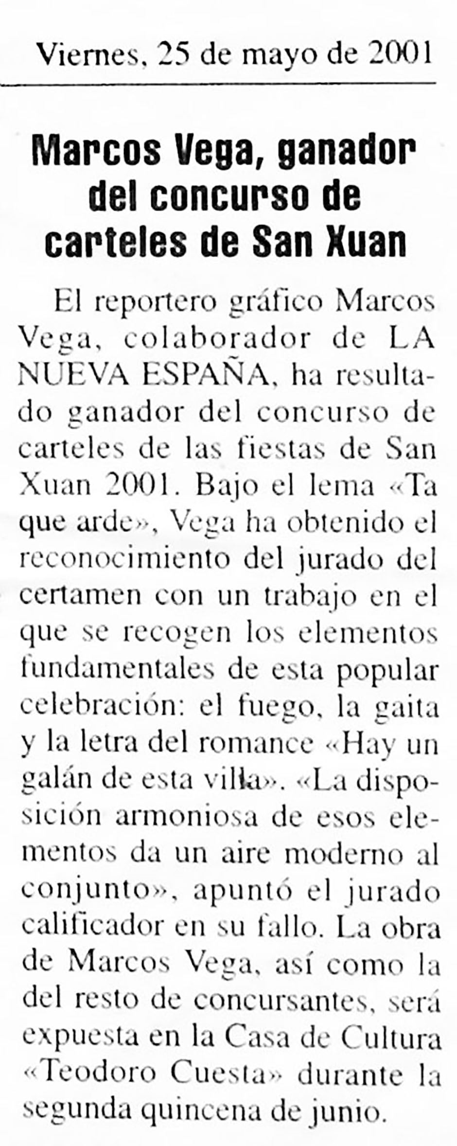 nota de prensa en La Nueva España sobre el premio de carteles de San Xuan 2001 